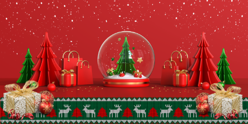 赤の背景にクリスマスツリーとプレゼントとスノードーム