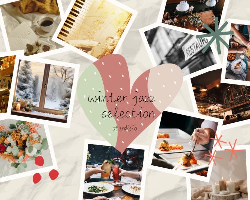 冬の風景、楽器、飲食店などのコラージュ写真