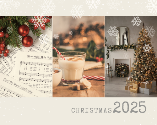 クリスマスツリー、ホットドリンク、赤いオーナメントのコラージュ写真